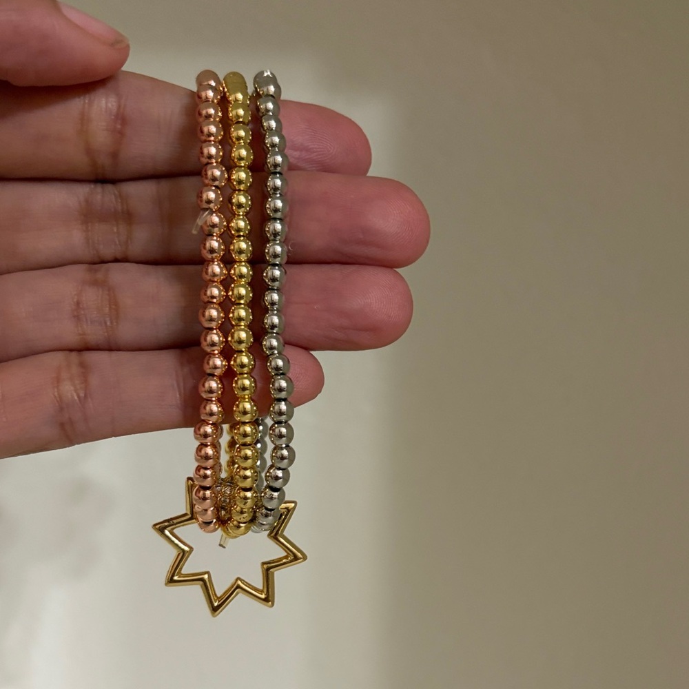 Tri-Tone Beaded Stretch Bracelet Set with Star Charm - Gold, Rose Gold & Silver